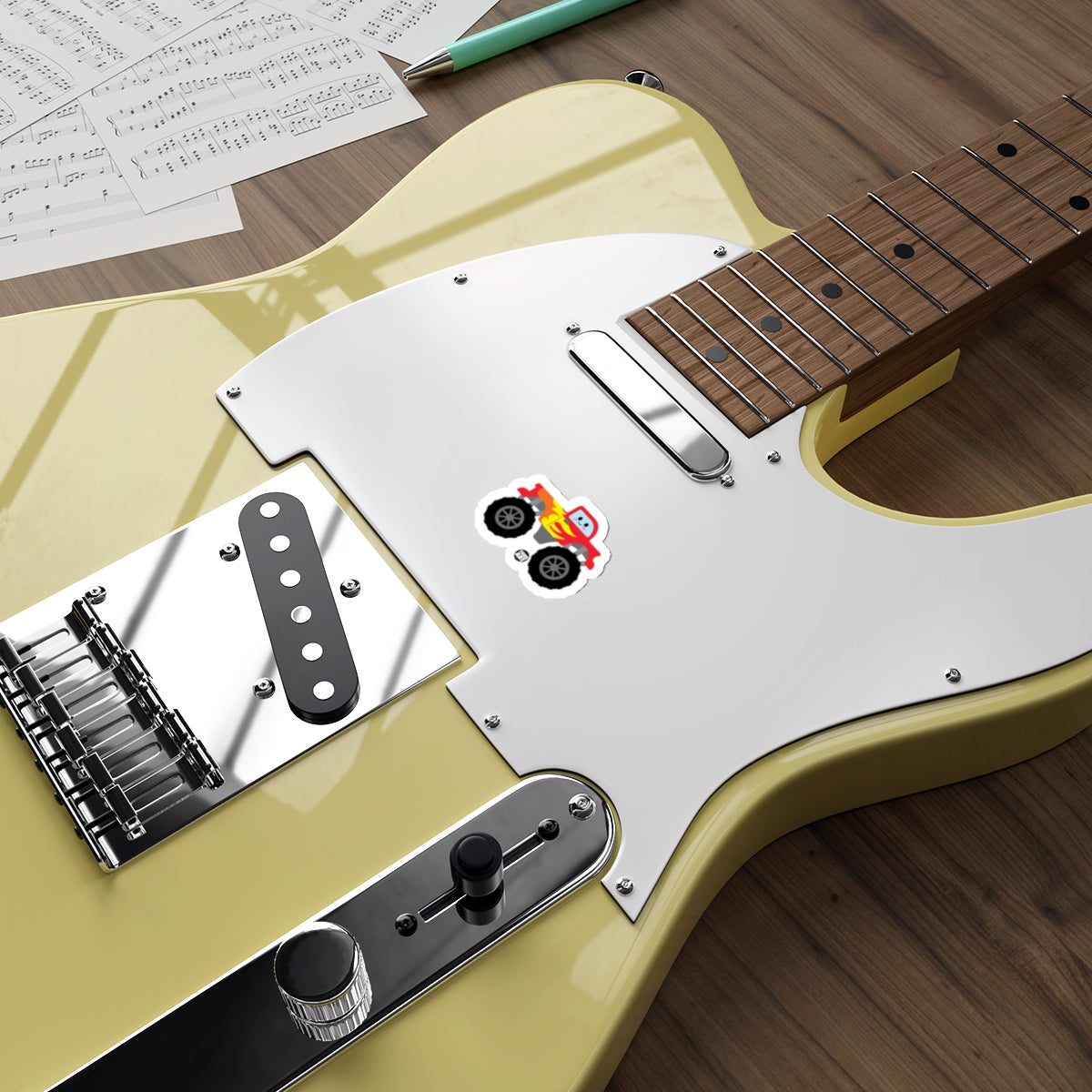 Cartoon Monster Truck Sticker on Electric Guitar