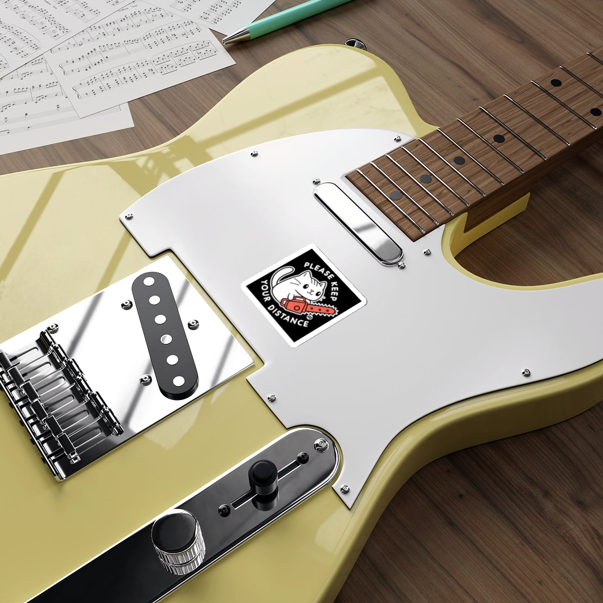 Electric Guitar with Keep Your Distance Cat Sticker