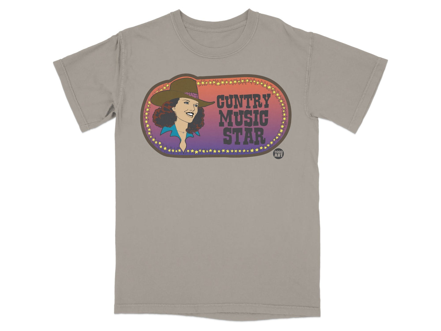 T-shirt with "Guntry Music Star" text and oval illustration of a woman.