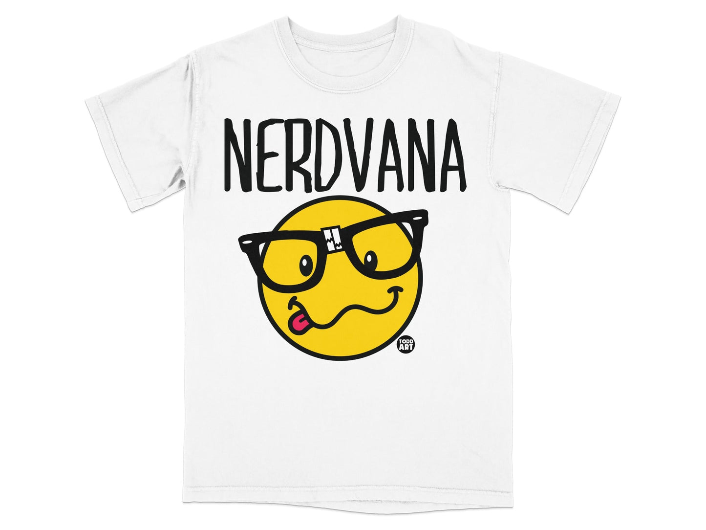 White t-shirt with "NERDVANA" text and a yellow smiley face with glasses.