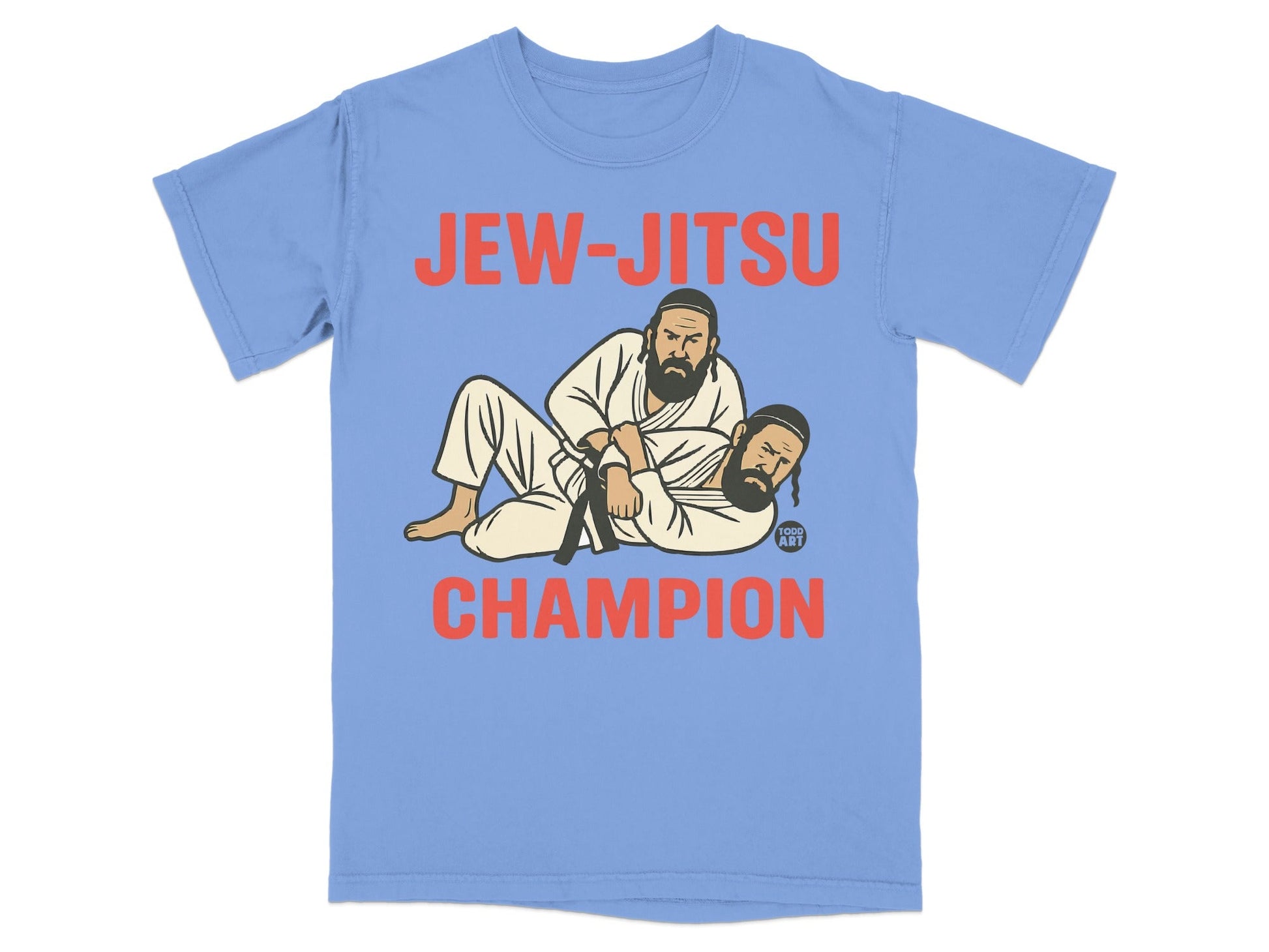 Blue t-shirt with "JEW-JITSU CHAMPION" and illustration of two men wrestling.