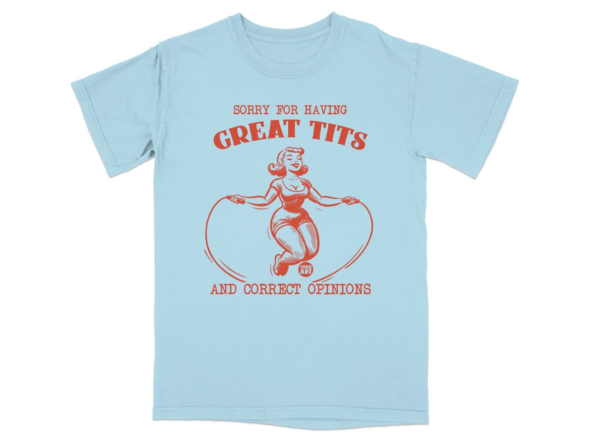 Light blue t-shirt with distressed red graphic of a woman jumping rope.