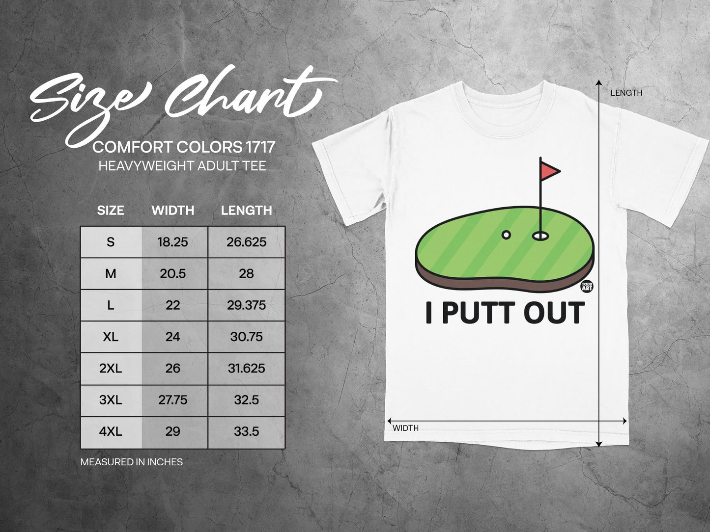 Comfort Colors 1717 size chart with t-shirt showing "I PUTT OUT" graphic.