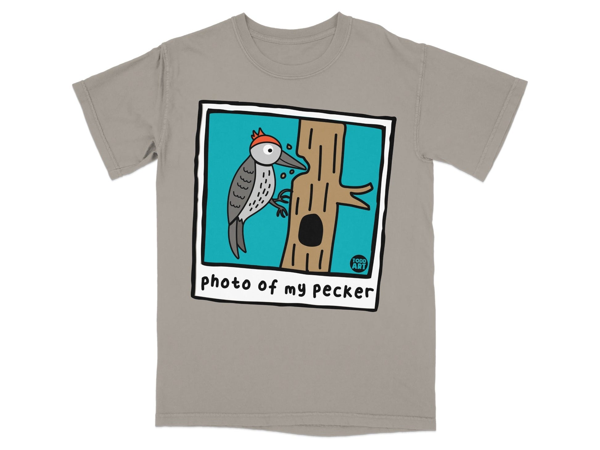 Woodpecker perched on a tree trunk with "photo of my pecker" text.