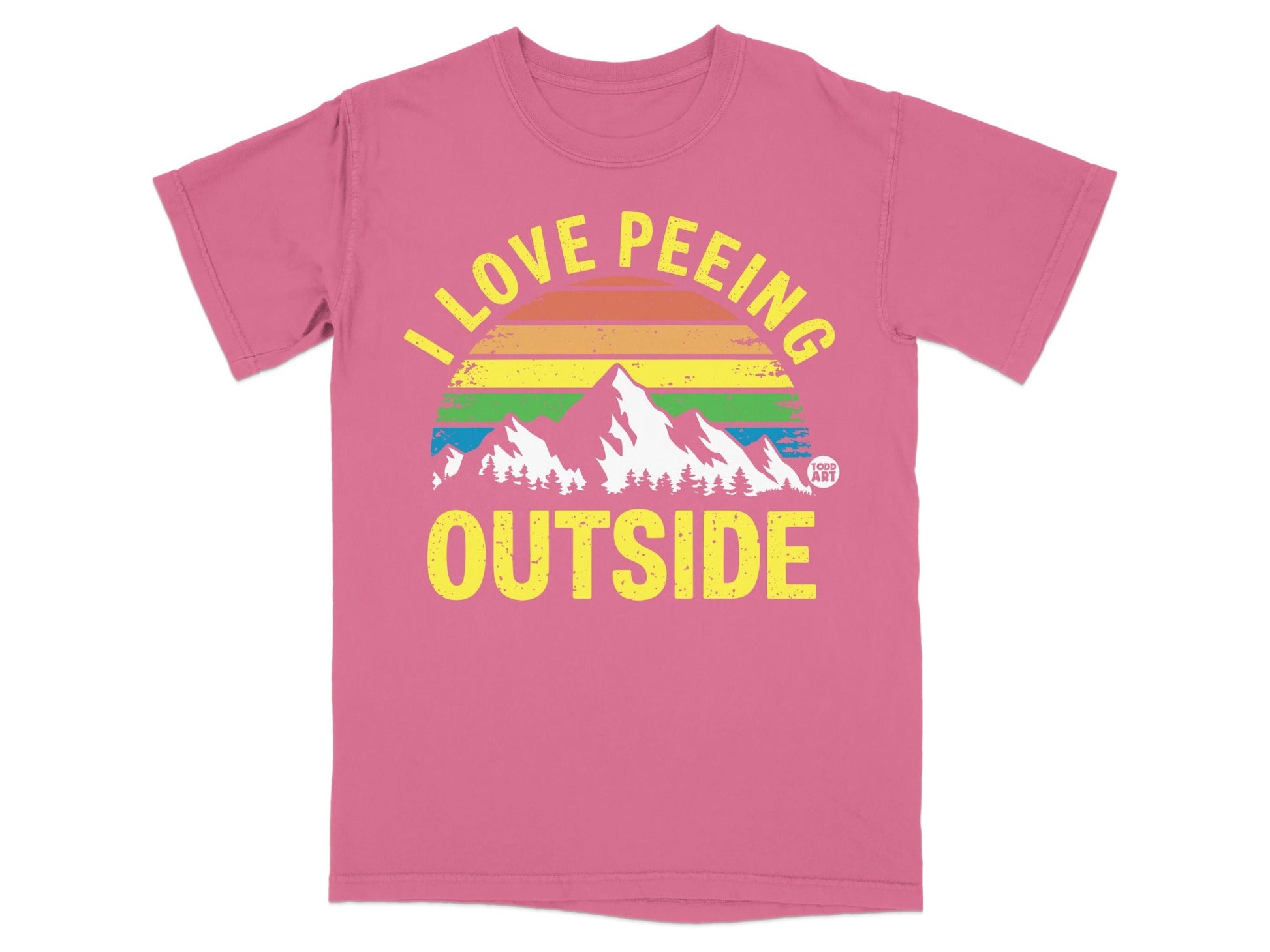 Pink t-shirt with "I Love Peeing Outside" text and mountain sunset graphic.
