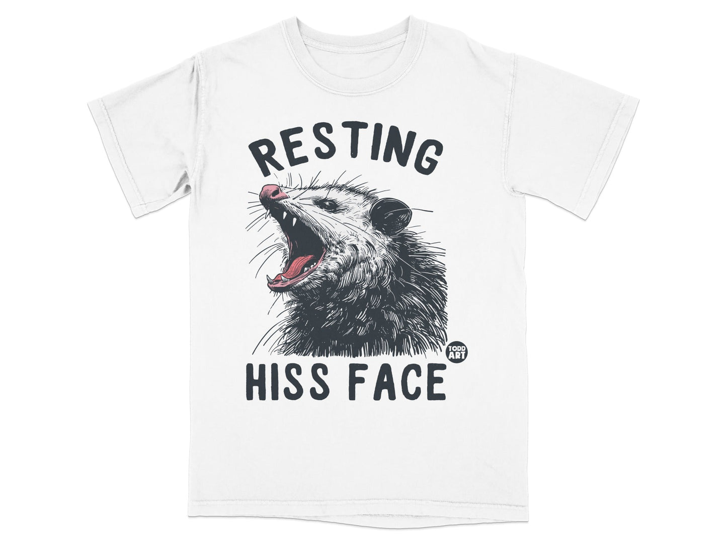 White t-shirt with a graphic of a possum yawning, with text "RESTING HISS FACE".