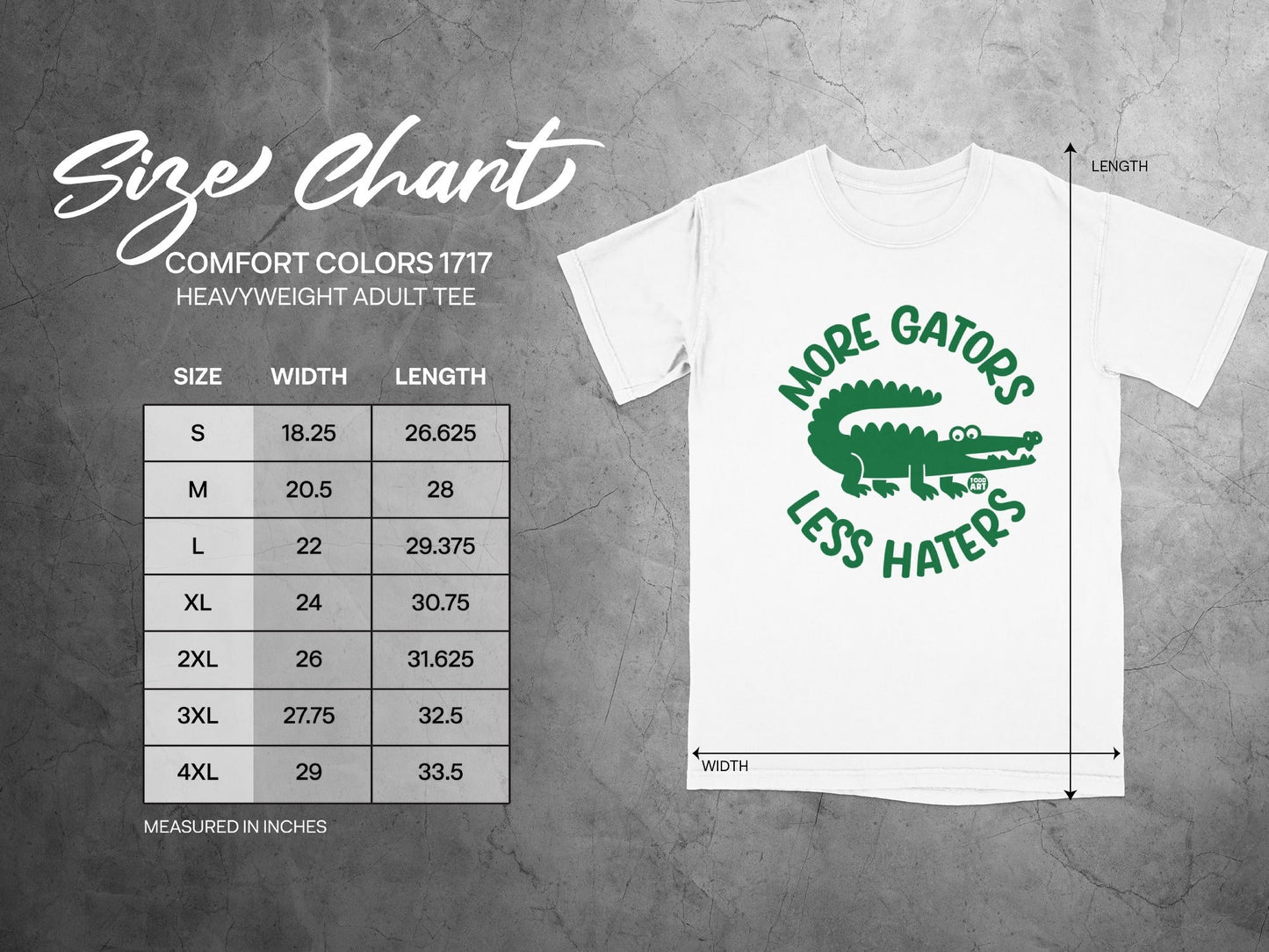 Size chart for Comfort Colors 1717 heavyweight adult tee with width and length measurements.