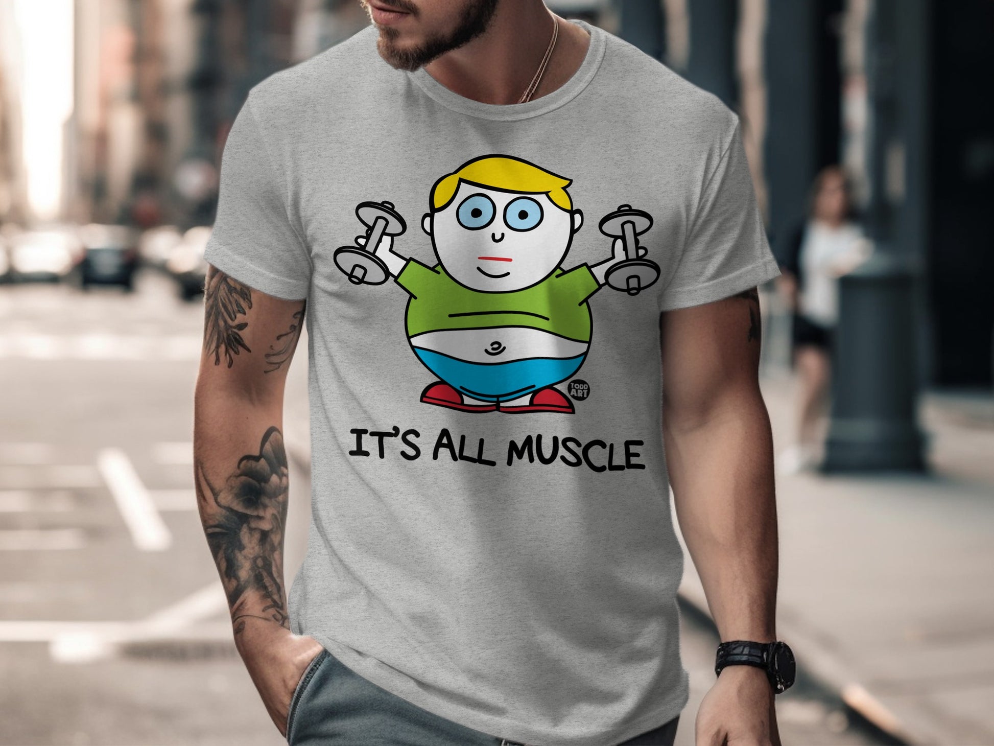 Cartoon Character Lifting Dumbbells T-shirt