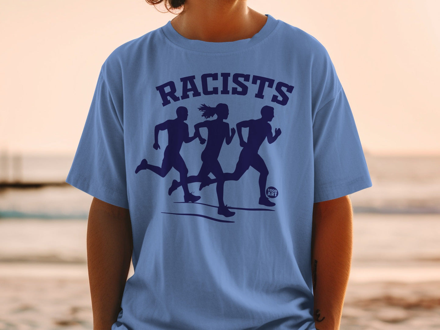 Blue t-shirt with "RACISTS" text and three running figures.