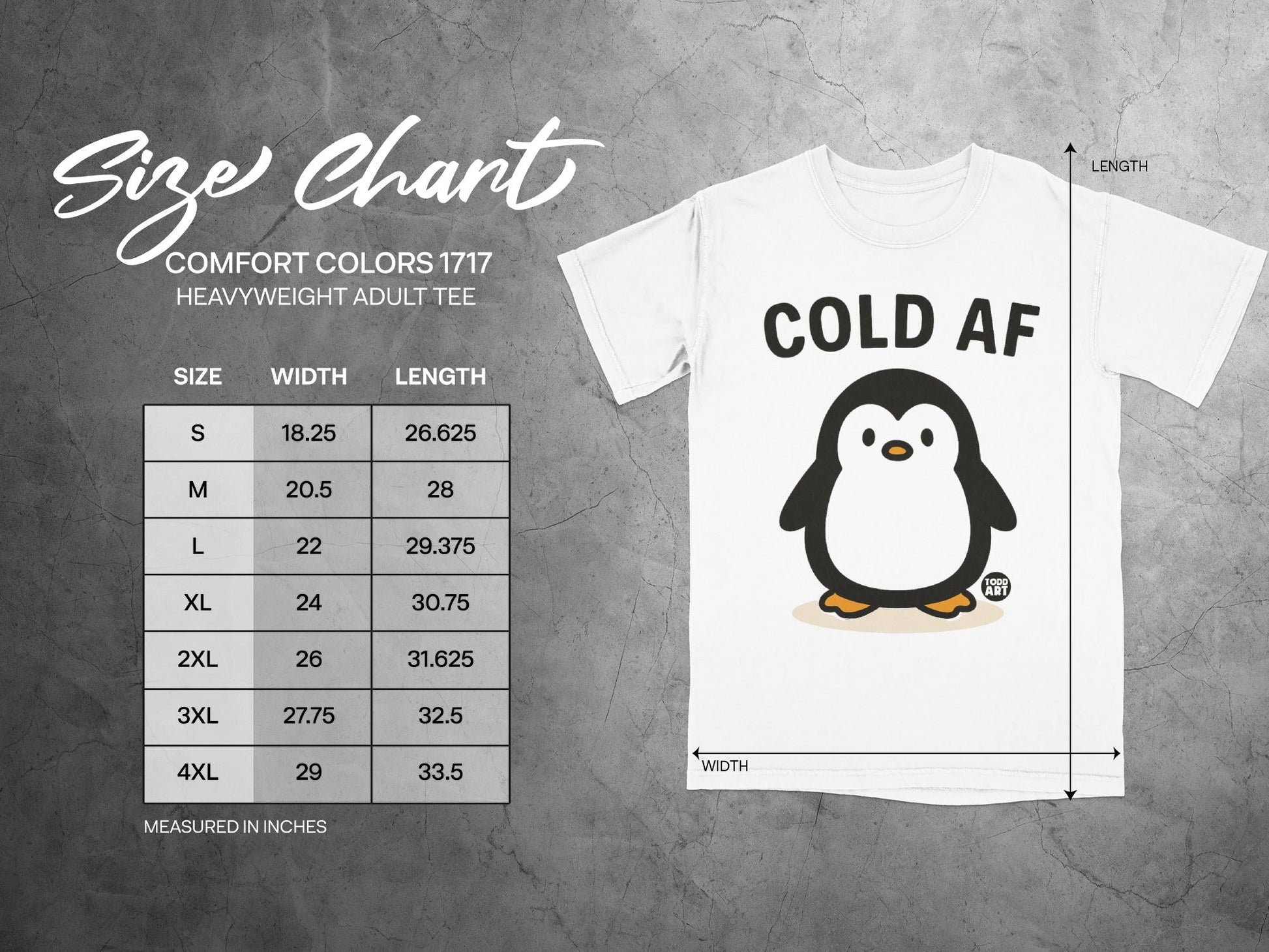 Size chart for Comfort Colors 1717 heavyweight adult tee with penguin graphic.