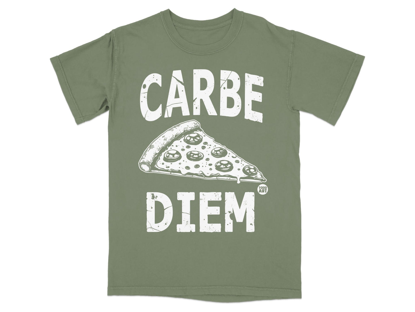 Green t-shirt with "CARPE DIEM" and a slice of pizza.