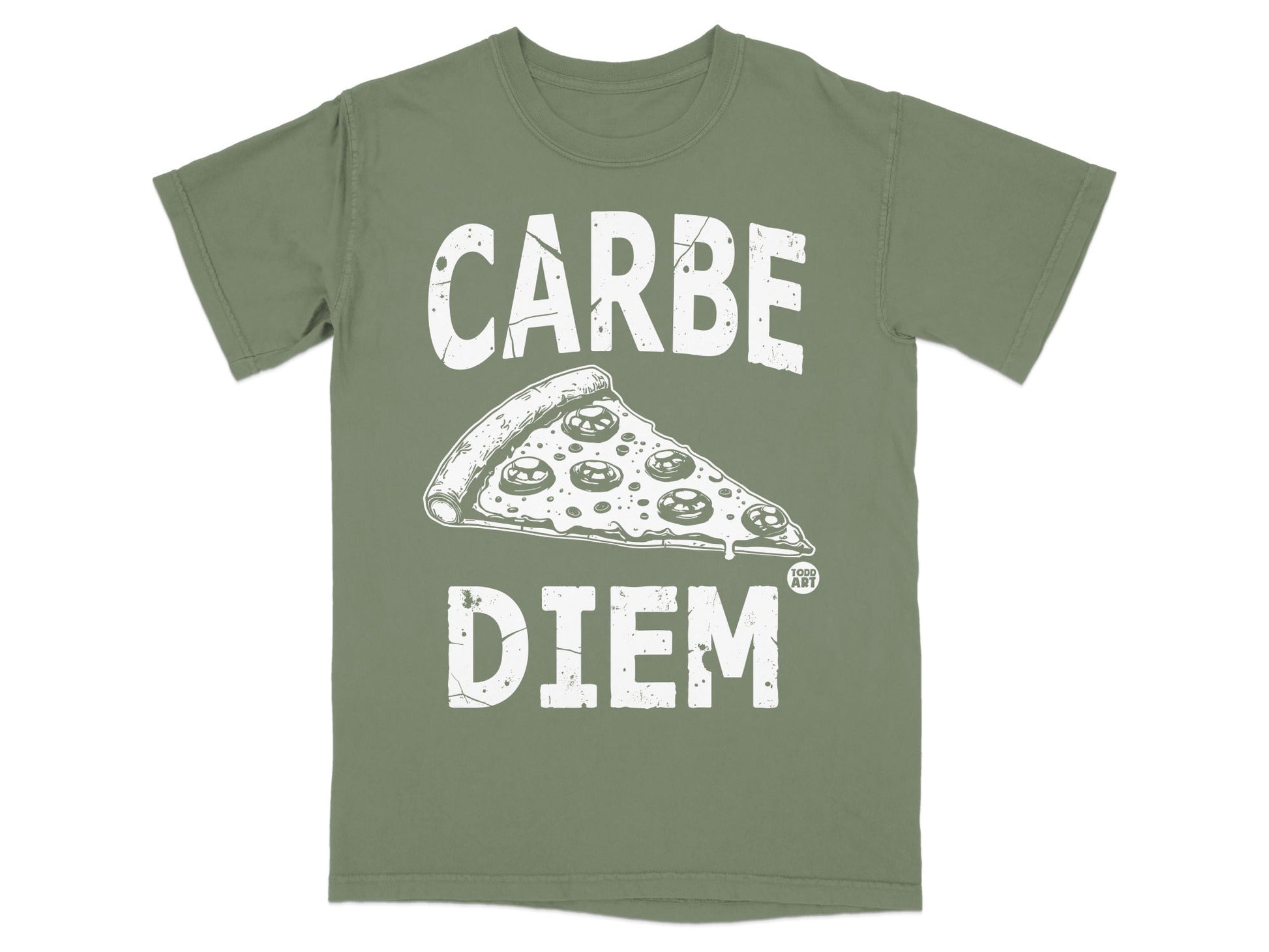 Green t-shirt with "CARPE DIEM" and a slice of pizza.