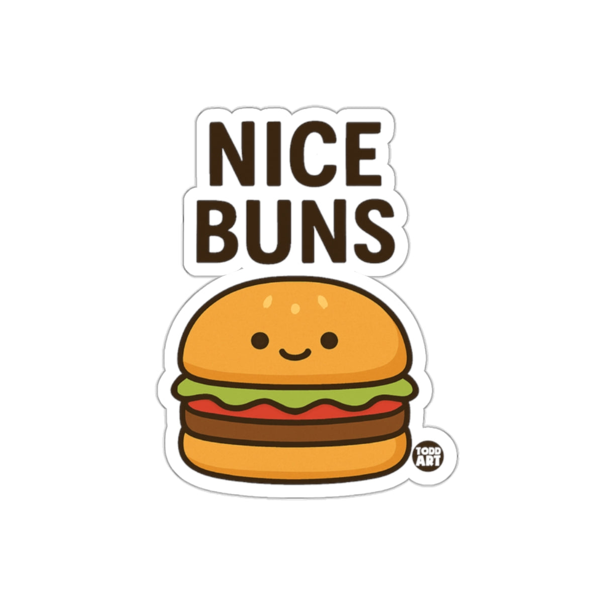 Cute Burger Cartoon Sticker with Fun 'Nice Buns' Text