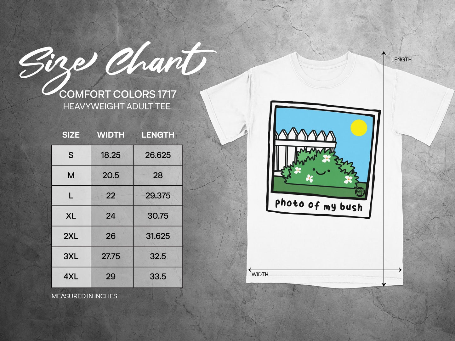 Comfort Colors 1717 heavyweight adult tee size chart with measurements.