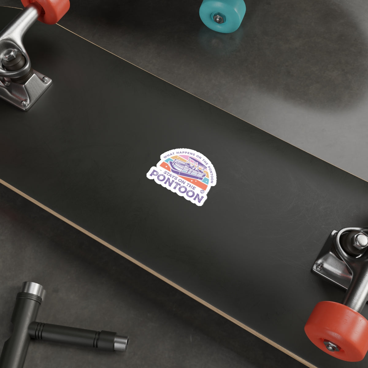 Stay on the Pontoon Skateboard with Red and Blue Wheels