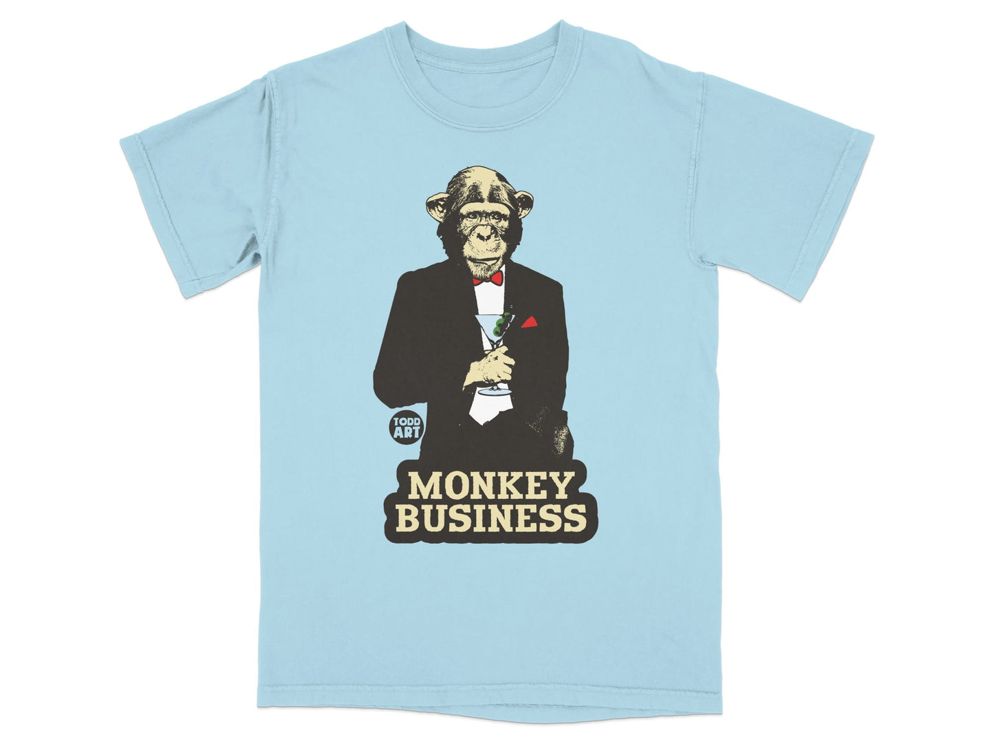 Light blue t-shirt with a monkey in a tuxedo holding a martini.