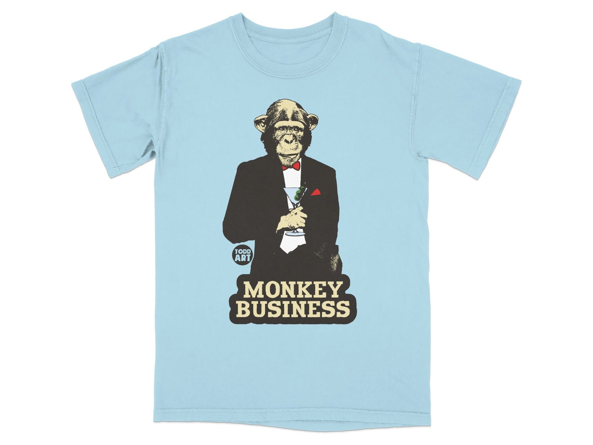 Light blue t-shirt with a monkey in a tuxedo holding a martini.