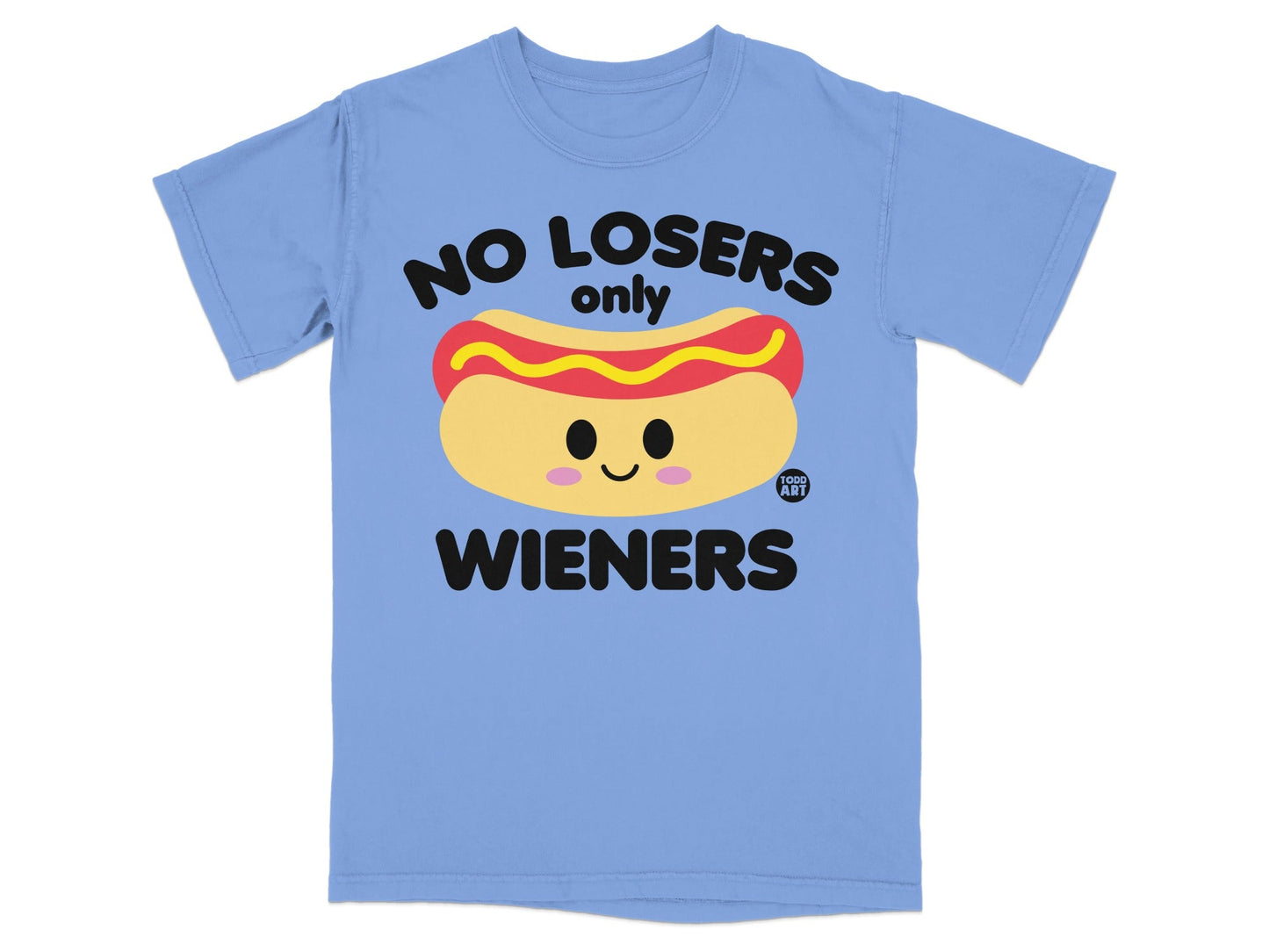 T-shirt with hot dog graphic and text "NO LOSERS only WIENERS".