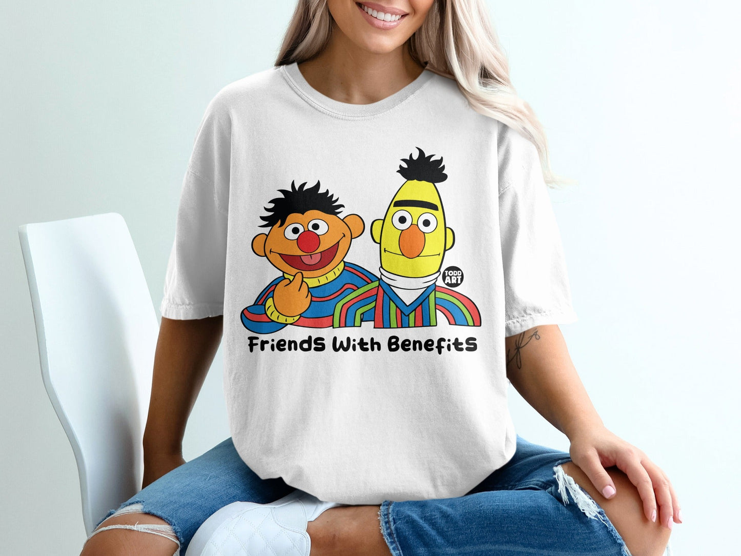 White t-shirt with Bert and Ernie from Sesame Street and "Friends With Benefits" text.
