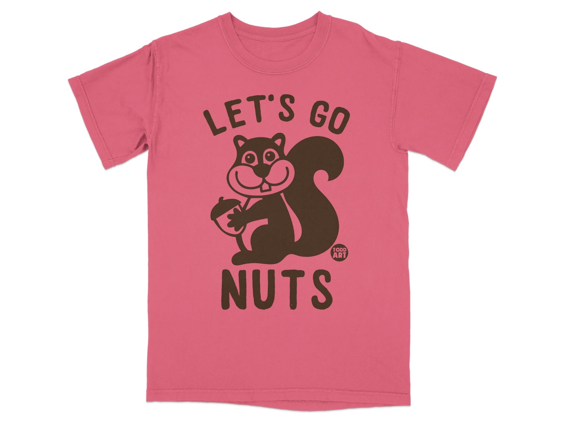 Pink t-shirt with squirrel holding acorn and text "LET'S GO NUTS".