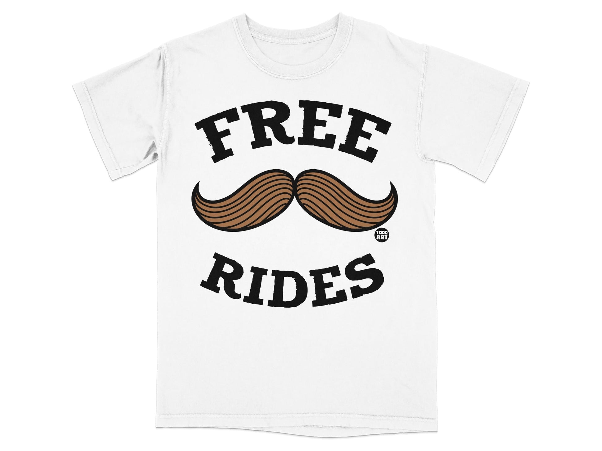 White t-shirt with "FREE RIDES" and a brown mustache graphic.