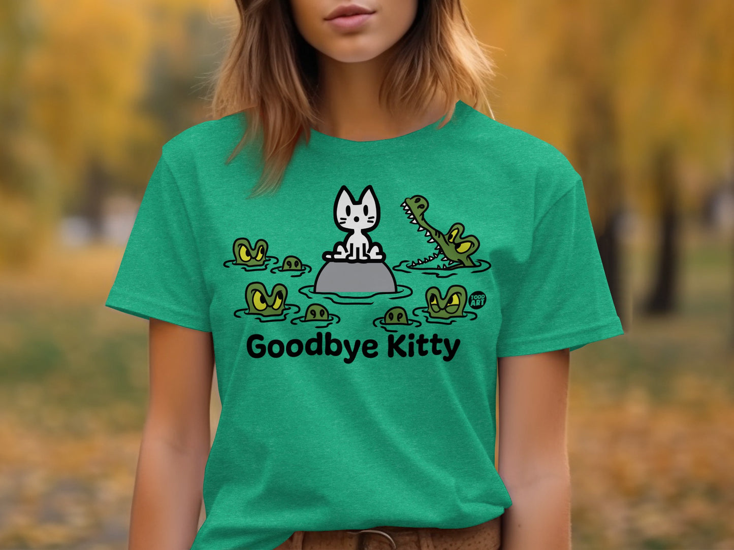Playful Goodbye Kitty Crocodile Cartoon T-shirt