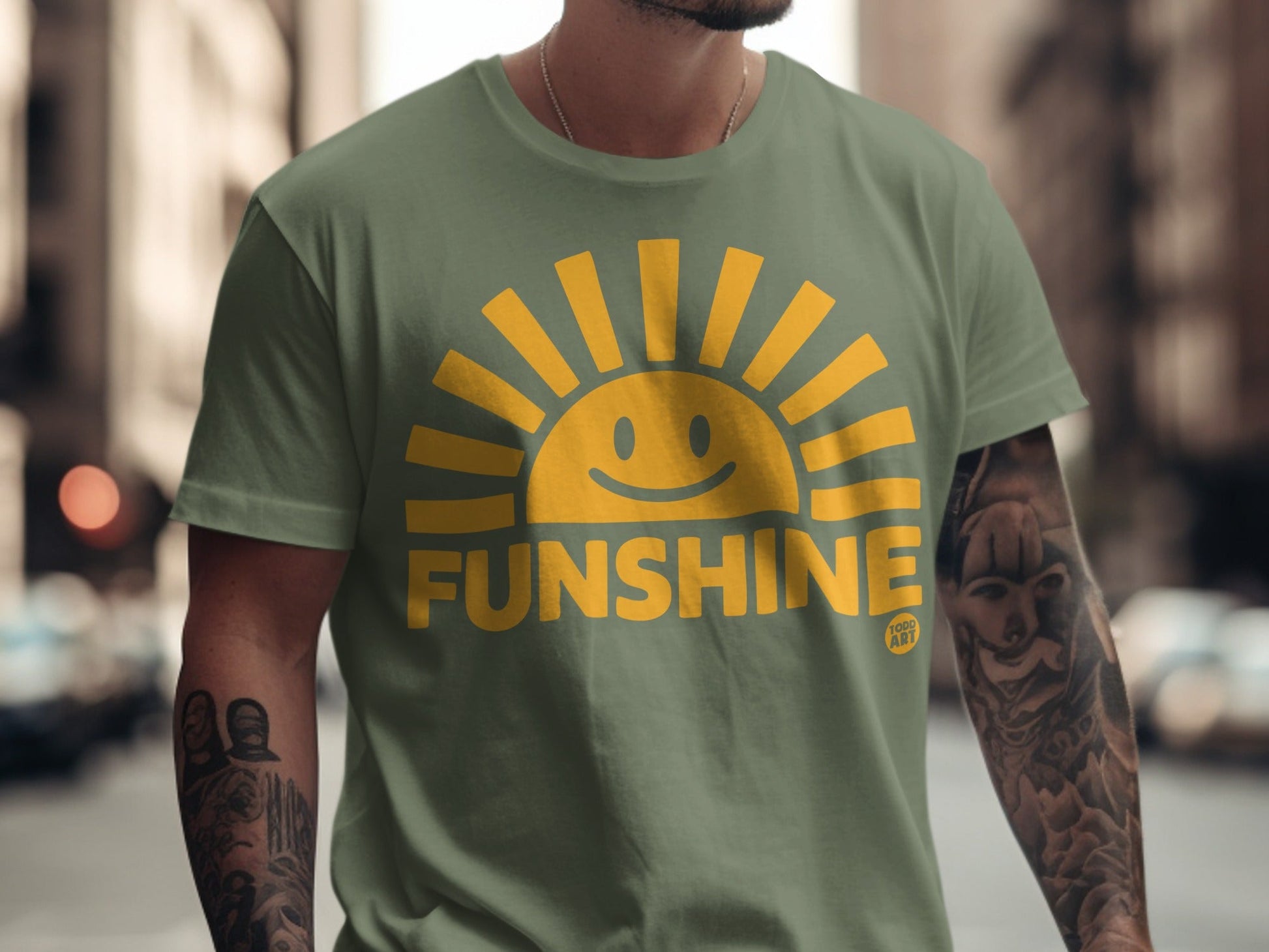 Green t-shirt with yellow "FUNSHINE" text and a smiling sun graphic.