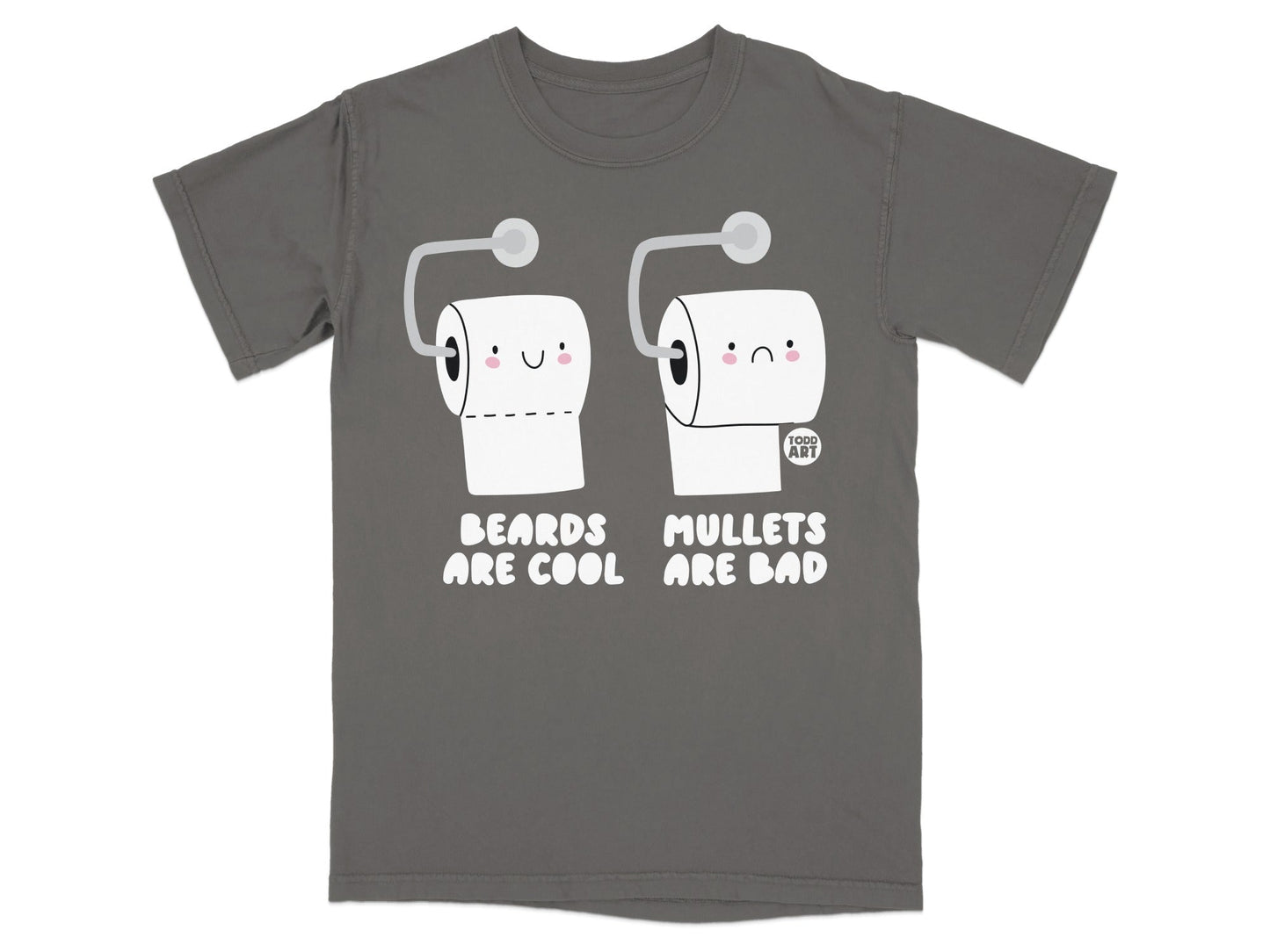 T-shirt with two toilet paper rolls with faces, one happy, one sad.