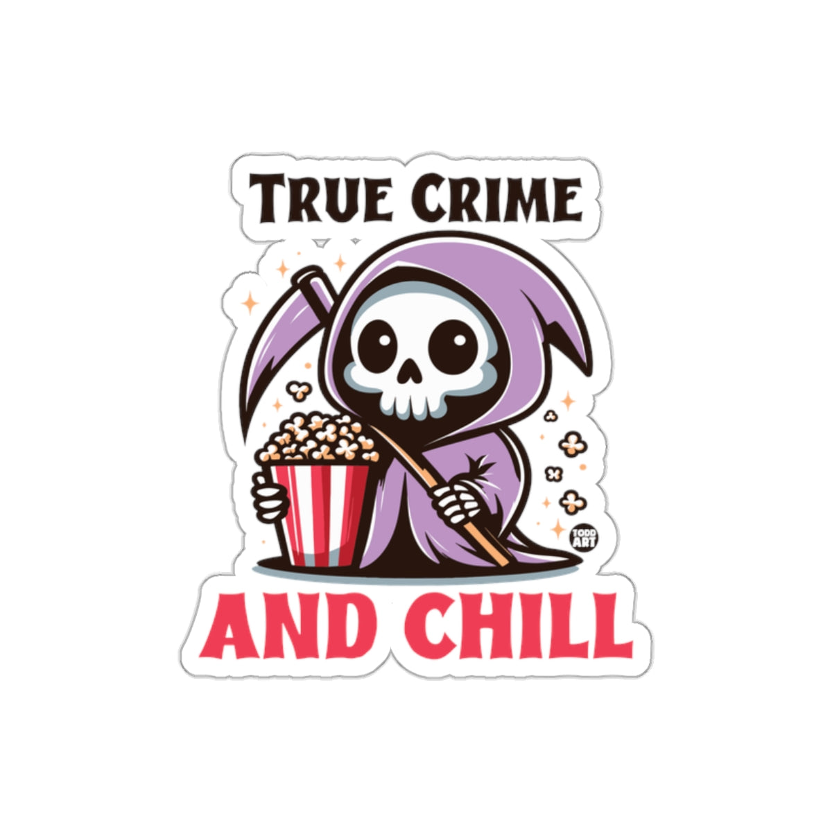 True Crime And Chill Cute Grim Reaper With Popcorn sticker
