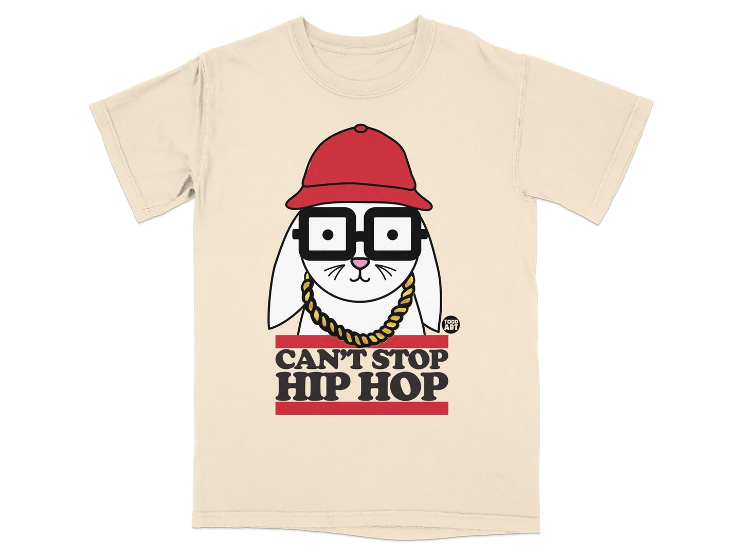 Cream t-shirt with a cartoon rabbit wearing a red hat and glasses, with "Can't Stop Hip Hop" text.