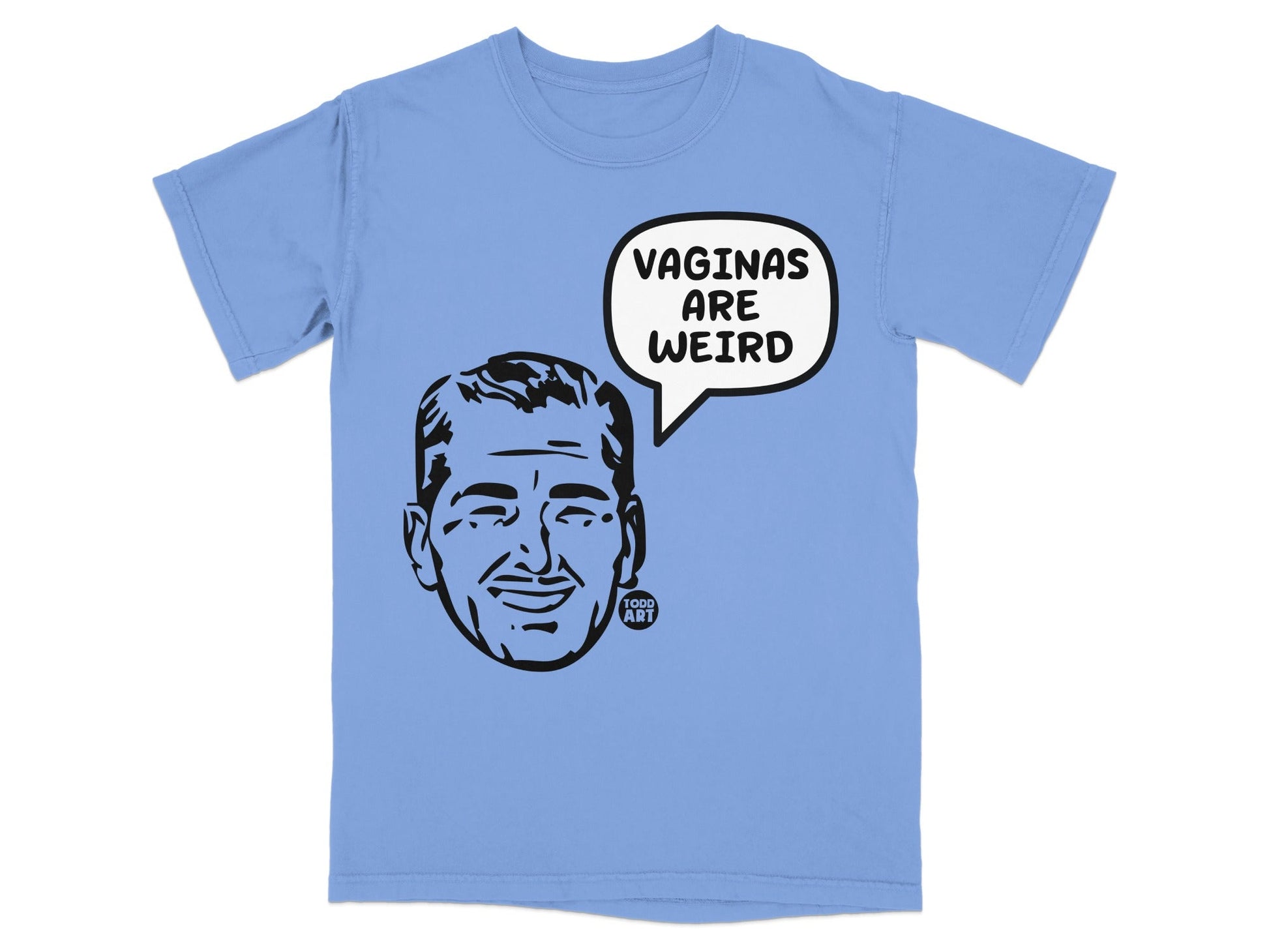 Light blue t-shirt with cartoon head and "VAGINAS ARE WEIRD" speech bubble.