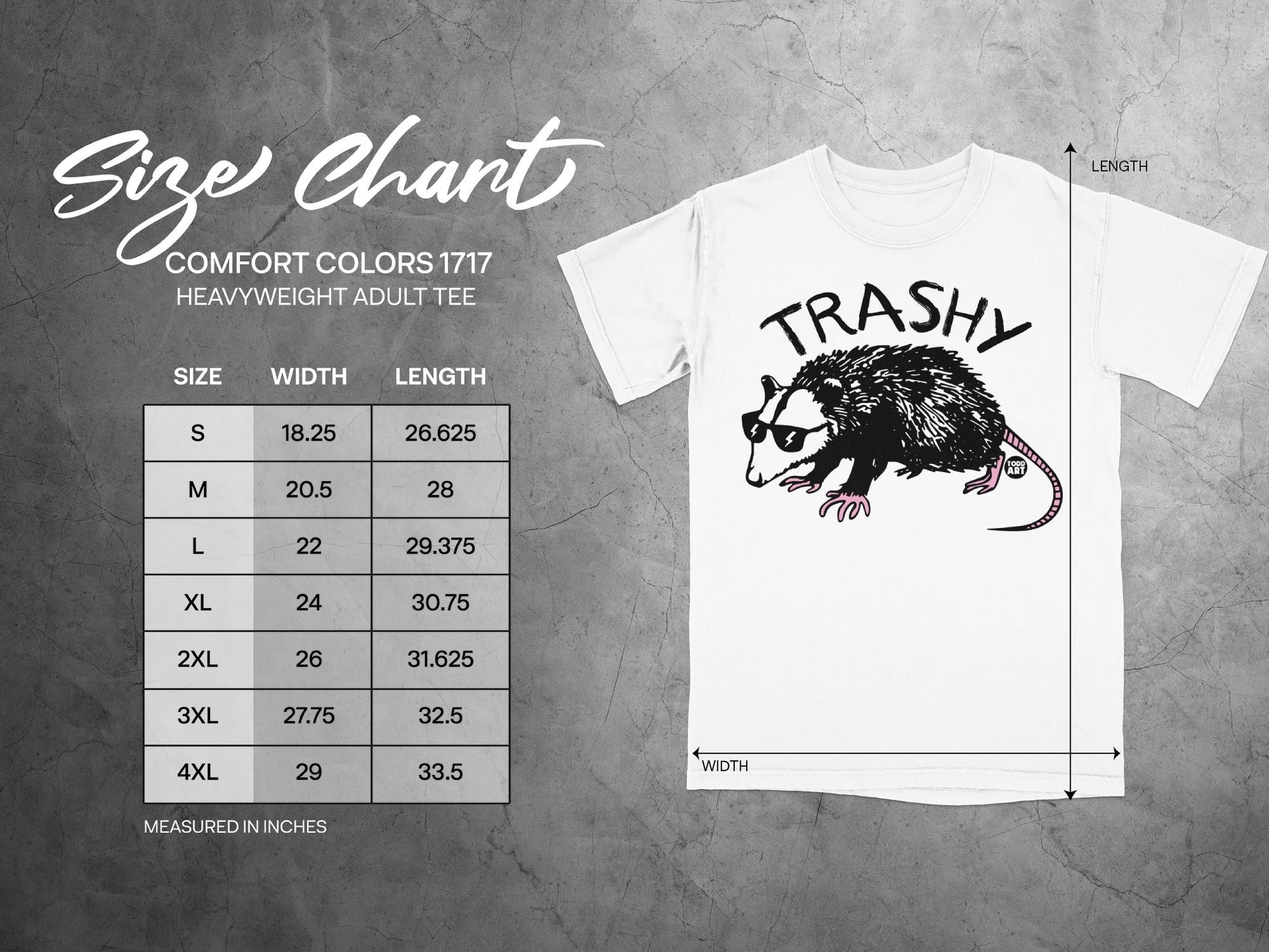Comfort Colors 1717 size chart for heavyweight adult tee, with trash panda graphic.