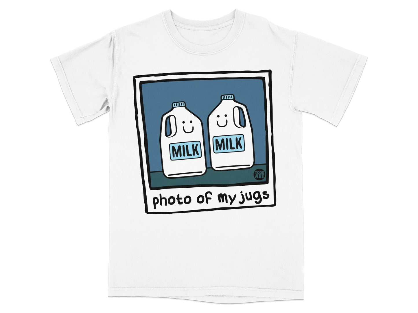 Two cartoon milk jugs with smiling faces on a white t-shirt.
