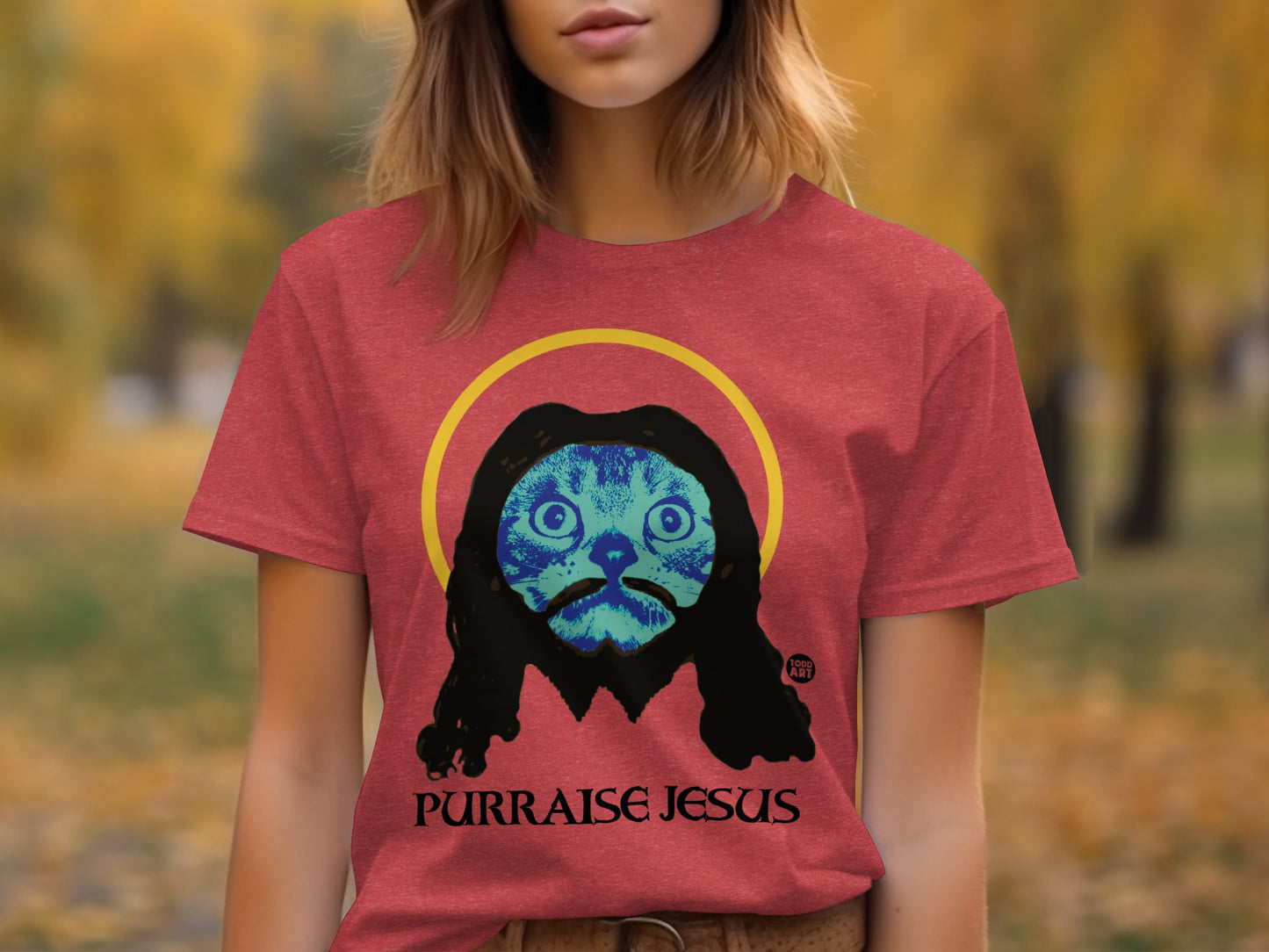Purrraise Jesus Cat Art Funny Graphic Tee Shirt