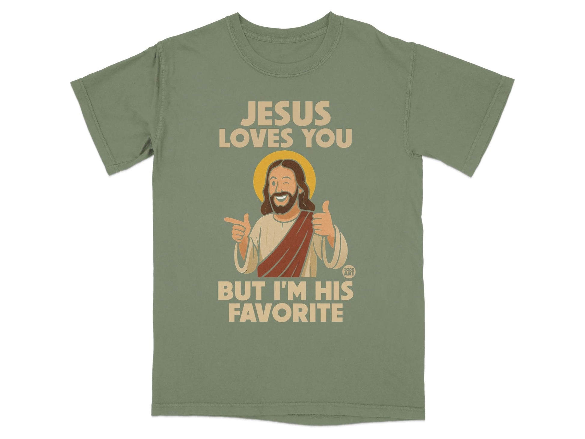 Green t-shirt with "Jesus Loves You But I'm His Favorite" text and cartoon Jesus giving thumbs up.