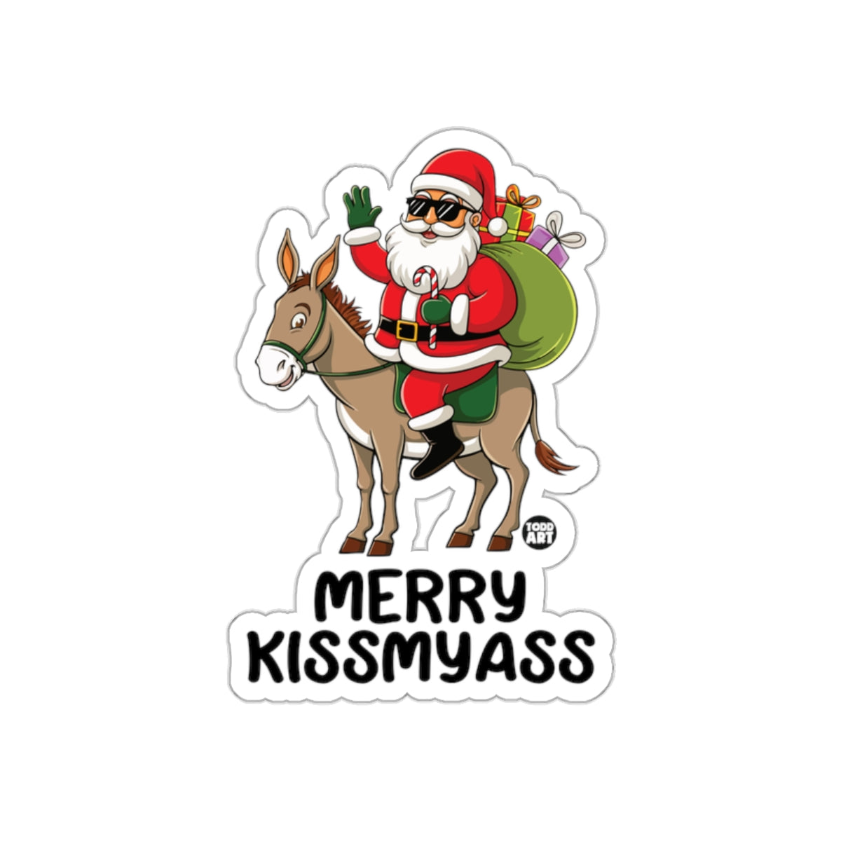 Santa Riding Donkey Merry Kissmyass Funny Sticker