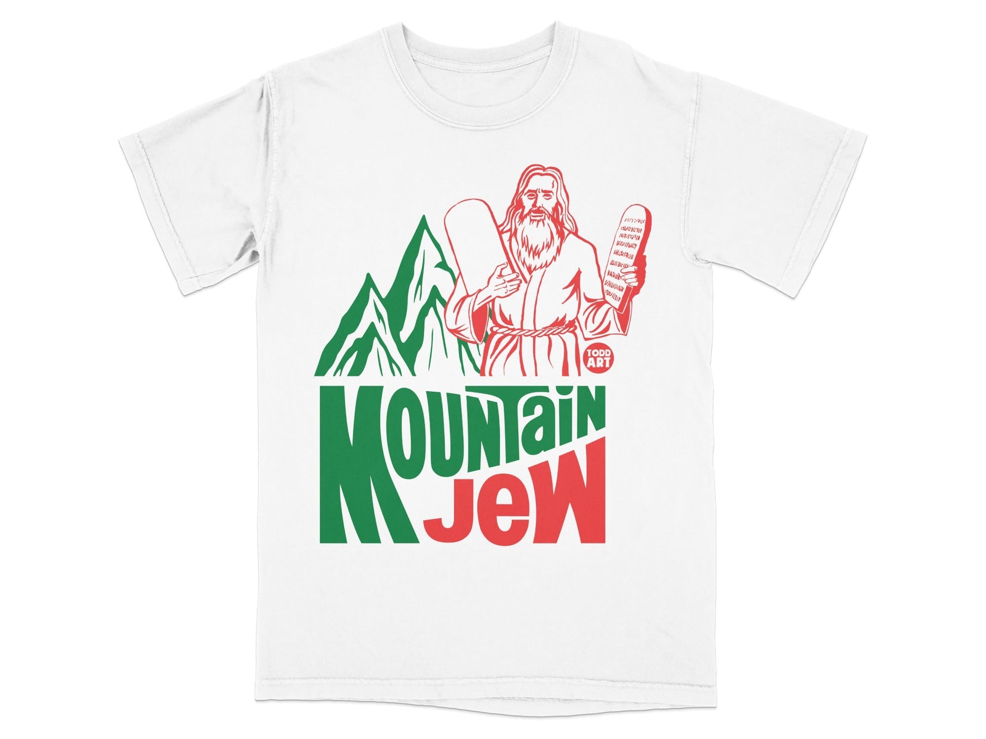 White t-shirt with "Mountain Jew" logo featuring Moses and the Ten Commandments.