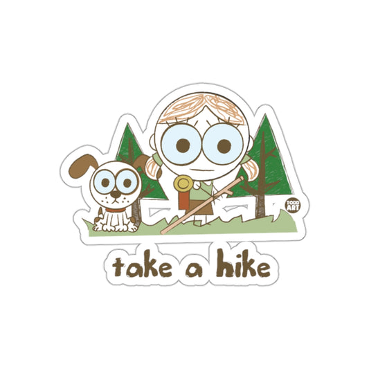 Take A Hike Cartoon Character and Dog Sticker