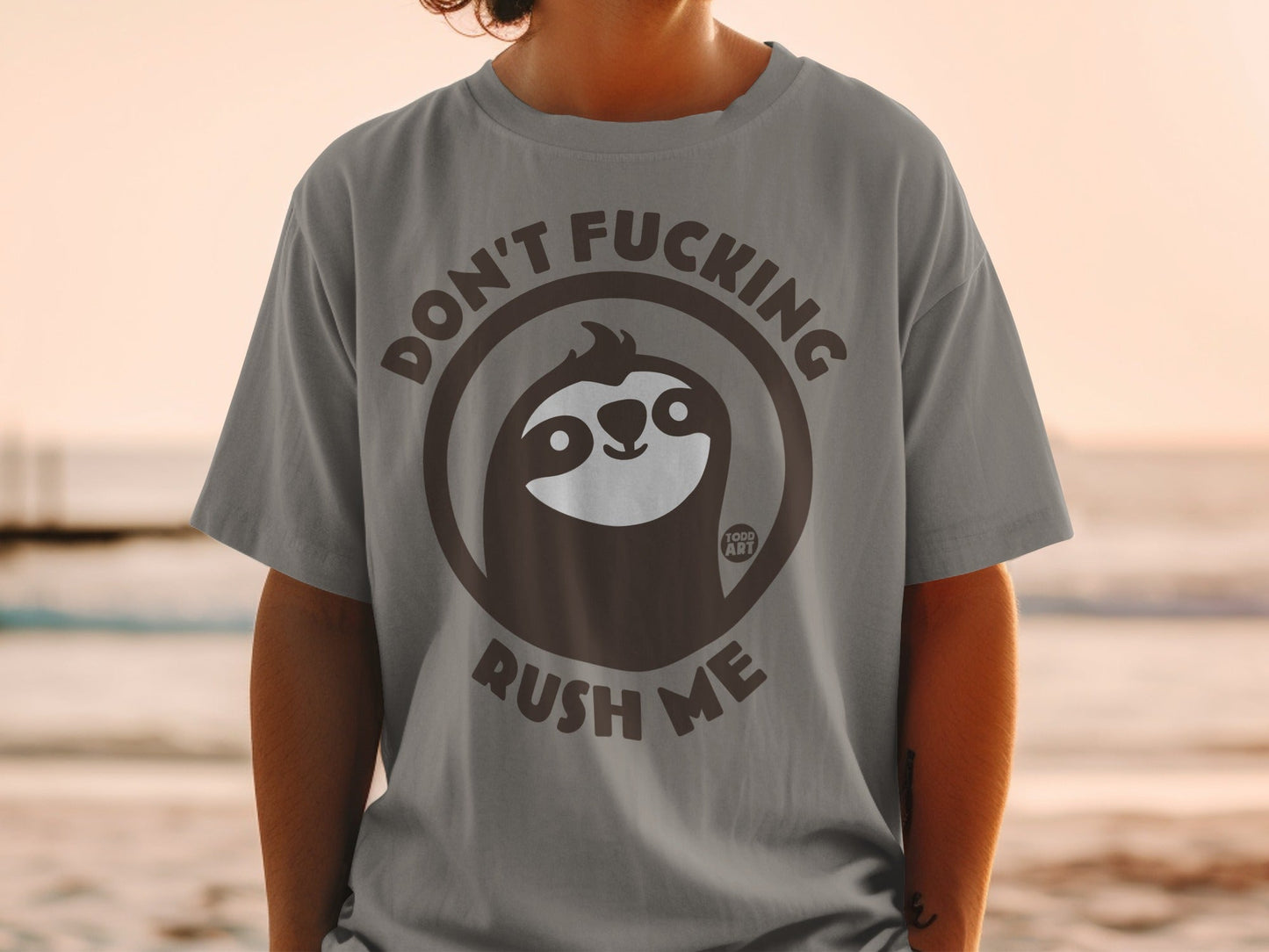 Grey t-shirt with sloth graphic and text "Don't Fucking Rush Me".