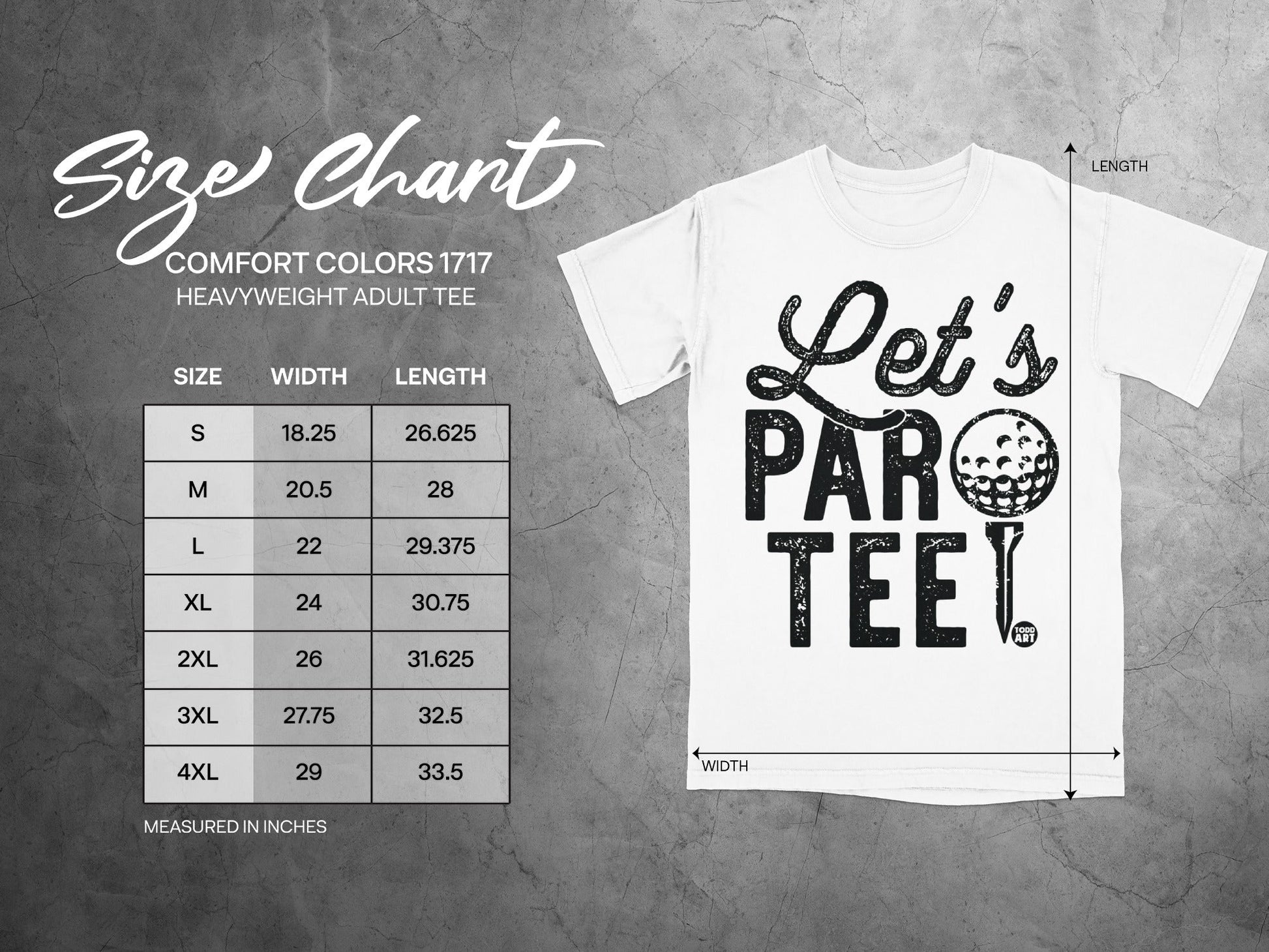 Comfort Colors 1717 size chart for heavyweight adult tees, measured in inches.