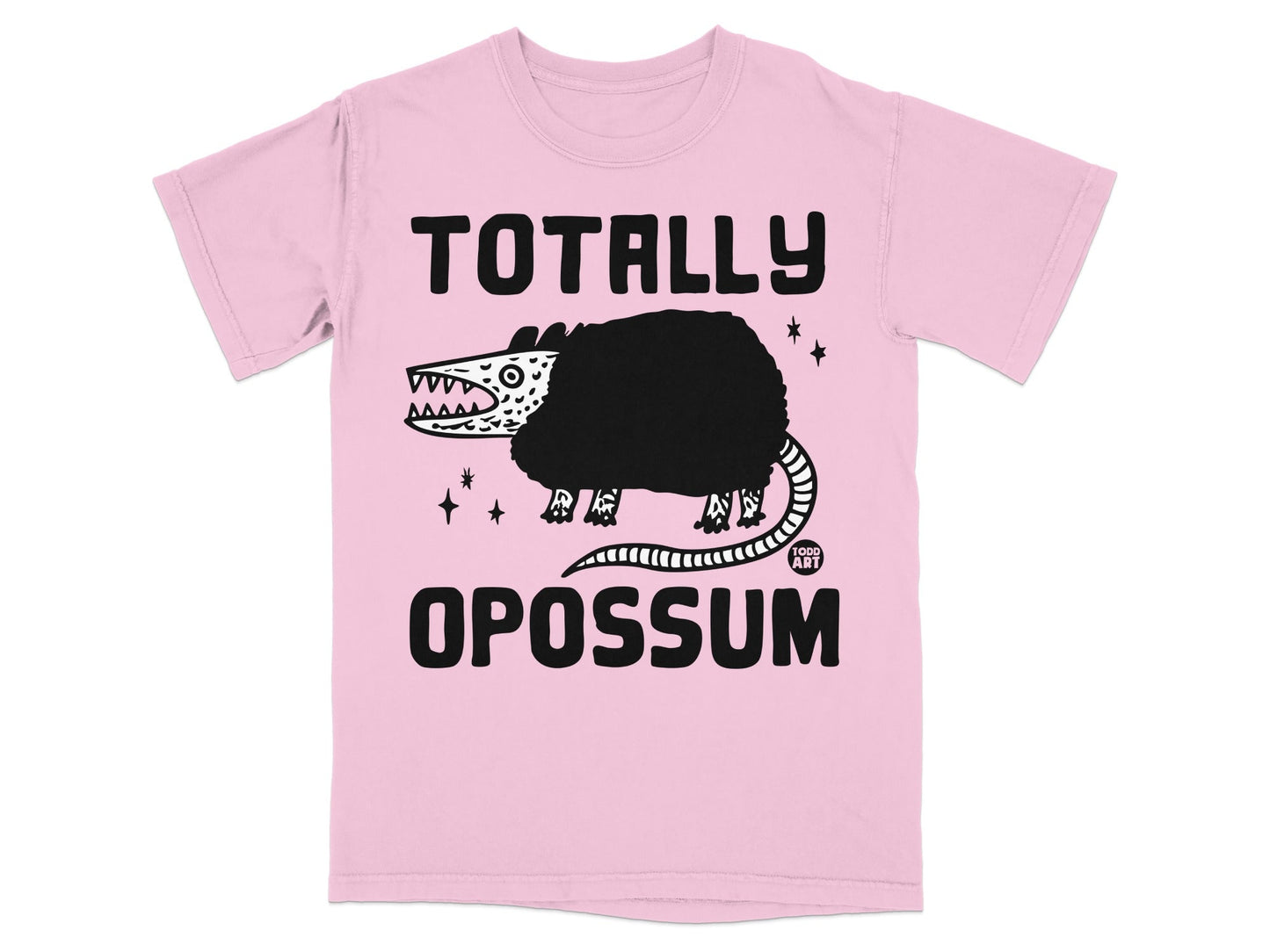 Pink t-shirt with black possum graphic and "TOTALLY OPOSSUM" text.