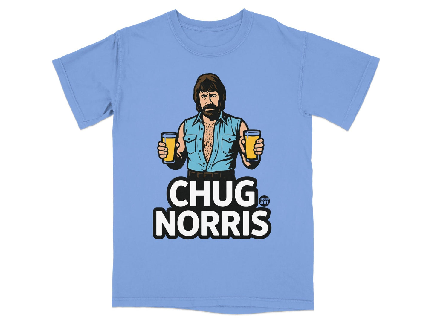 Chuck Norris in blue shirt holding two mugs of beer, "CHUG NORRIS" text.