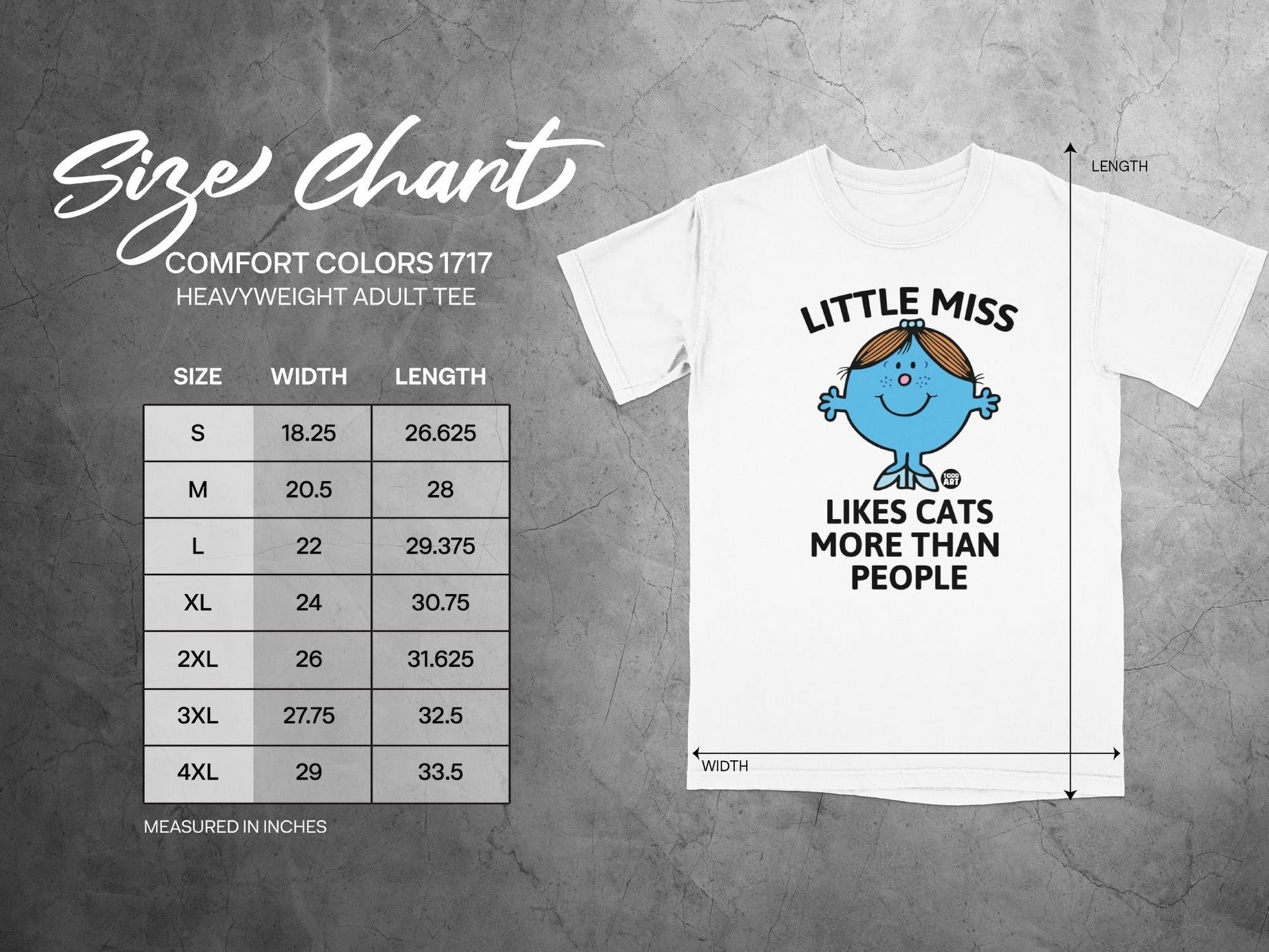 Size chart for a heavyweight adult tee featuring "Little Miss Likes Cats More Than People" graphic.