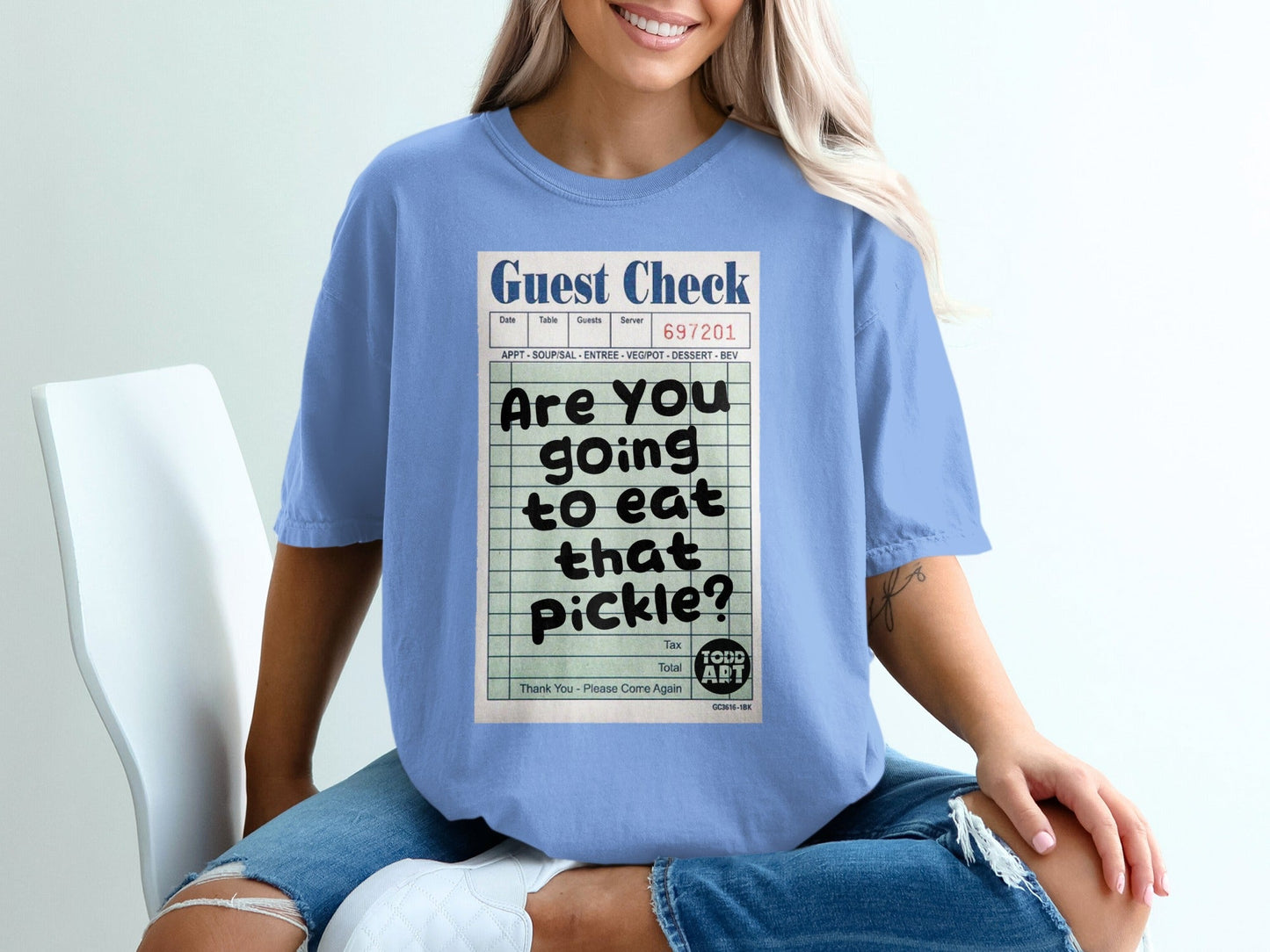T-shirt graphic of a guest check with text "Are you going to eat that Pickle?".