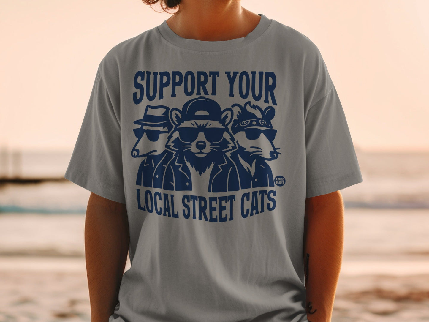 "Support Your Local Street Cats" graphic on a gray t-shirt with three cartoon raccoons.