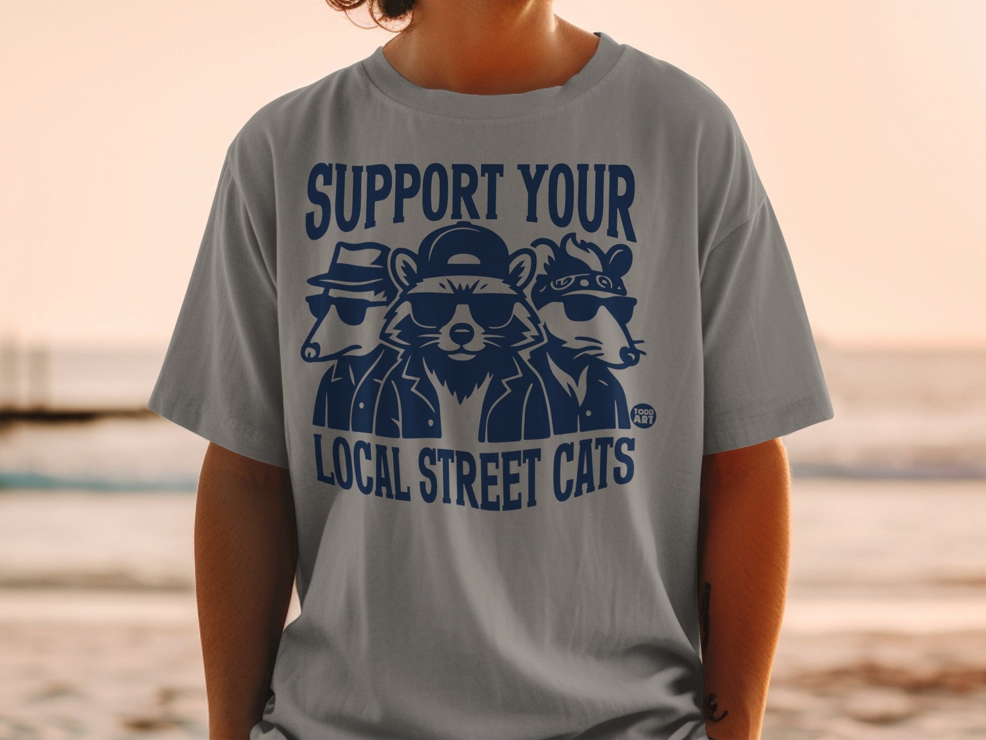 "Support Your Local Street Cats" graphic on a gray t-shirt with three cartoon raccoons.
