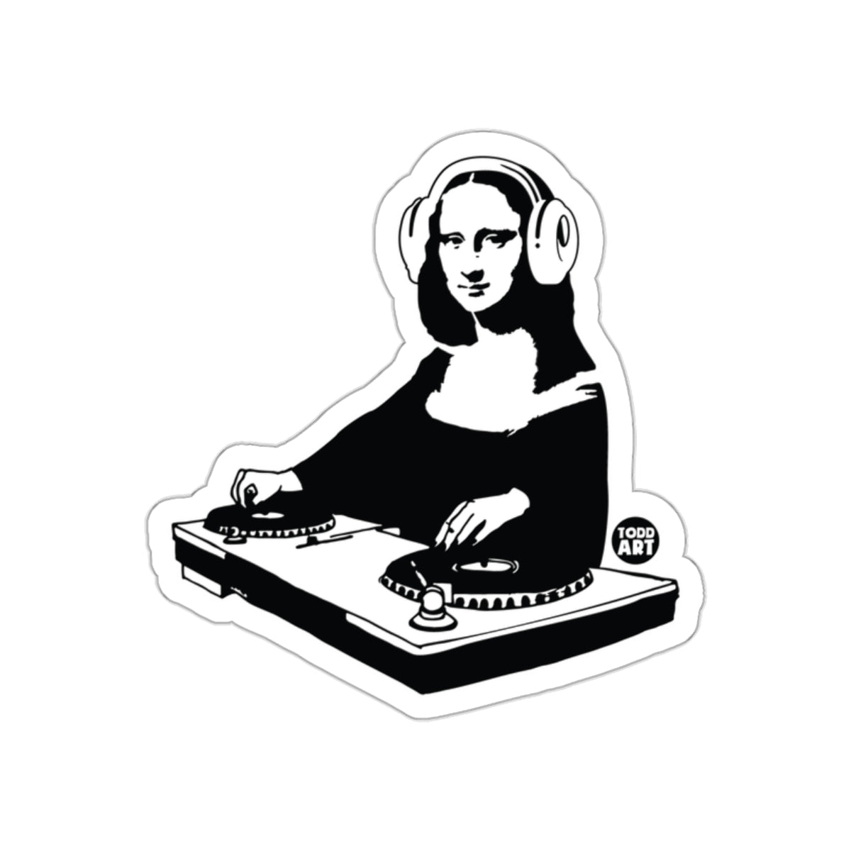 DJ Mona Lisa on turntables with headphones sticker