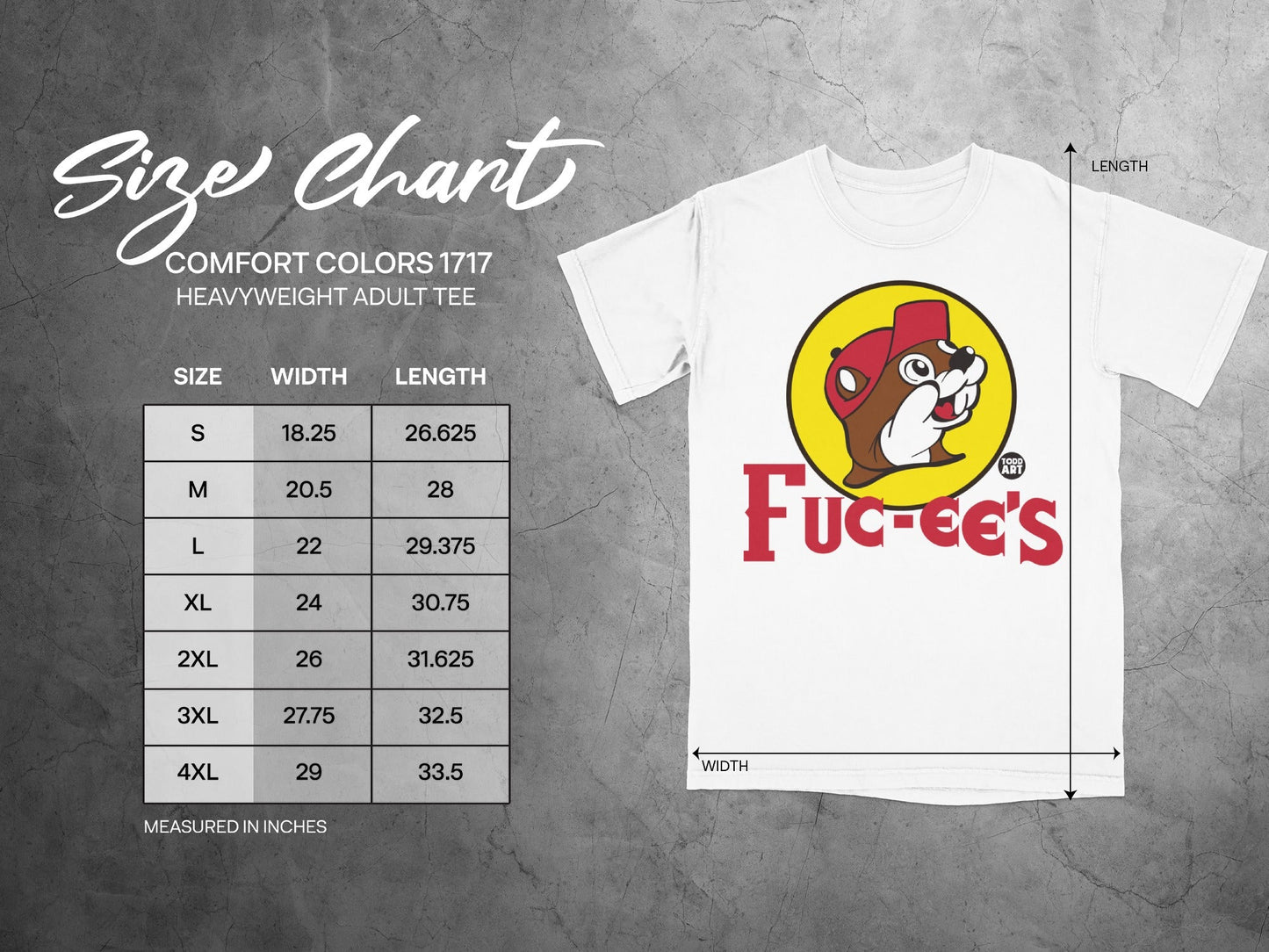 Bucee's size chart for adult heavyweight tee, showing width and length measurements.
