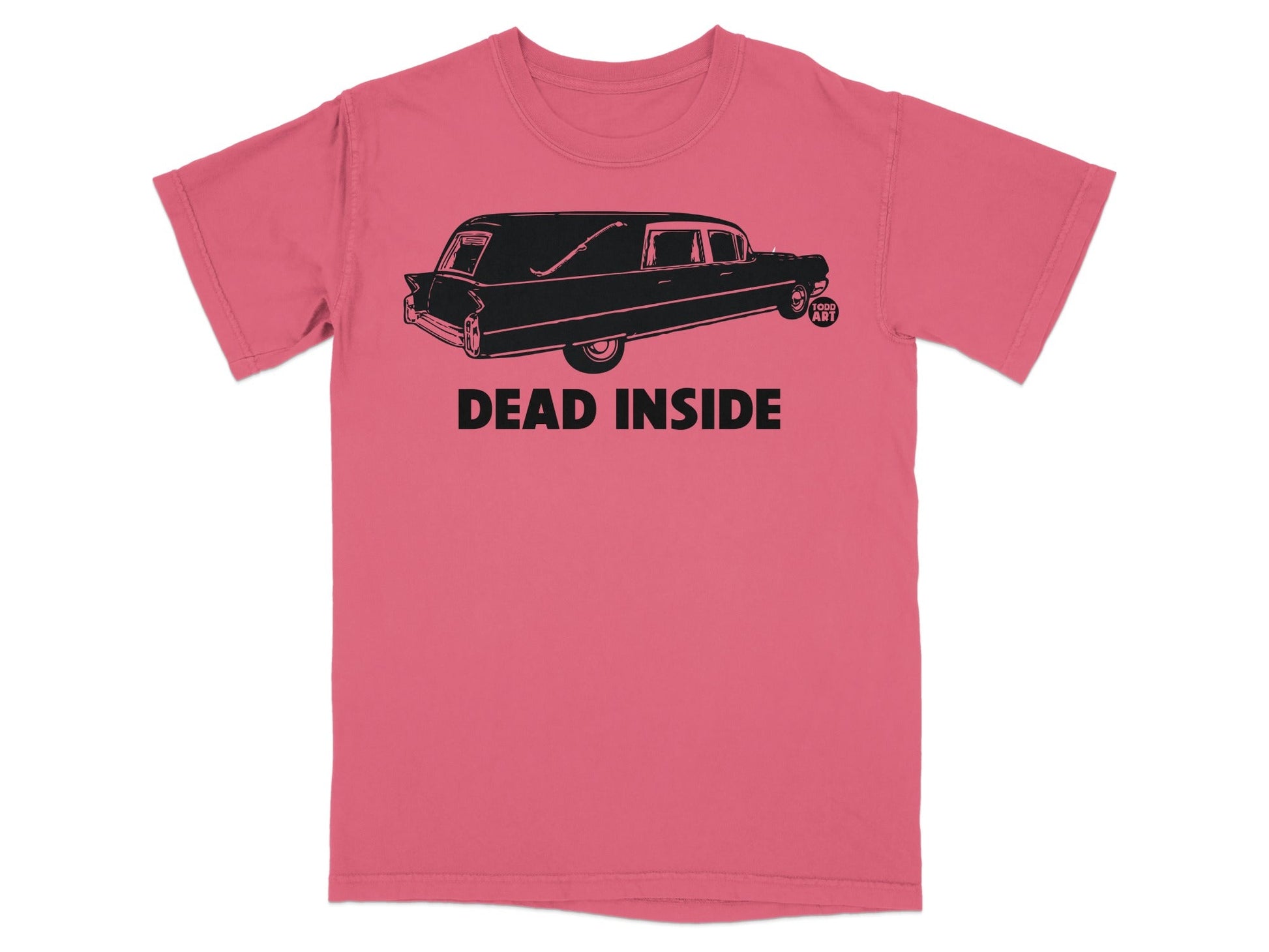 Black hearse graphic with "DEAD INSIDE" text on a pink t-shirt.