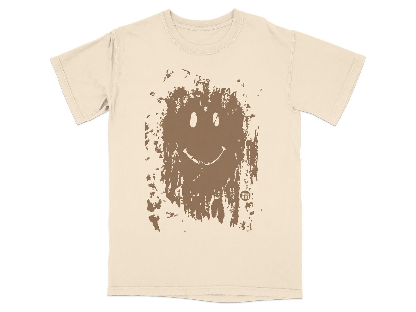 Light tan t-shirt with distressed brown smiley face graphic.